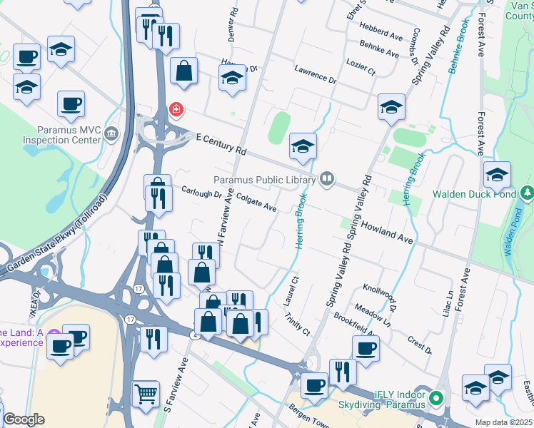 map of restaurants, bars, coffee shops, grocery stores, and more near 103 Hoover Court in Paramus