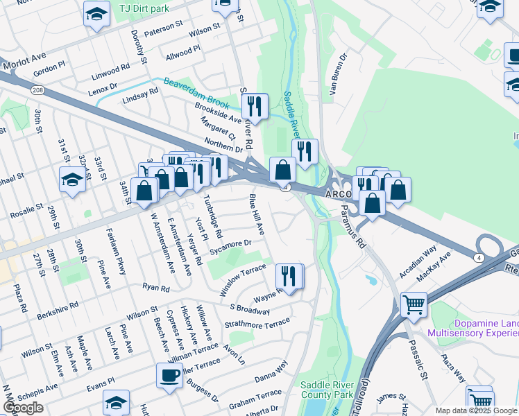 map of restaurants, bars, coffee shops, grocery stores, and more near 40-18 Broadway in Fair Lawn
