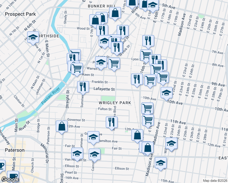 map of restaurants, bars, coffee shops, grocery stores, and more near 79 Rosa Parks Boulevard in Paterson