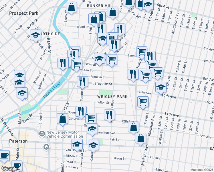 map of restaurants, bars, coffee shops, grocery stores, and more near 124 Franklin Street in Paterson
