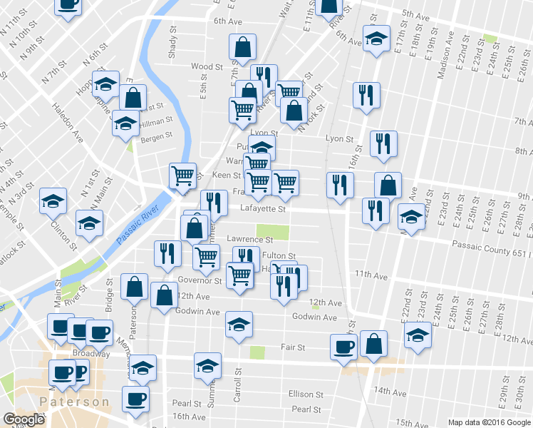 map of restaurants, bars, coffee shops, grocery stores, and more near 124 Franklin Street in Paterson