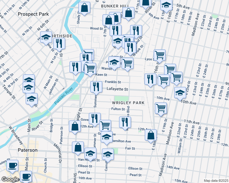 map of restaurants, bars, coffee shops, grocery stores, and more near 88 Franklin Street in Paterson