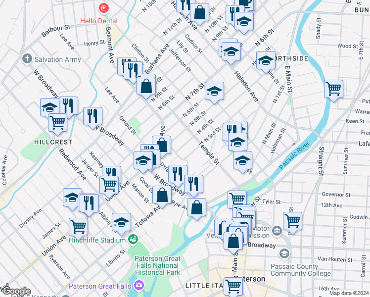 map of restaurants, bars, coffee shops, grocery stores, and more near 20 North 5th Street in Paterson