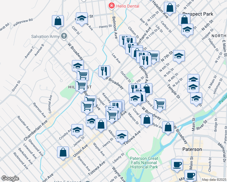 map of restaurants, bars, coffee shops, grocery stores, and more near 323 West Broadway in Paterson