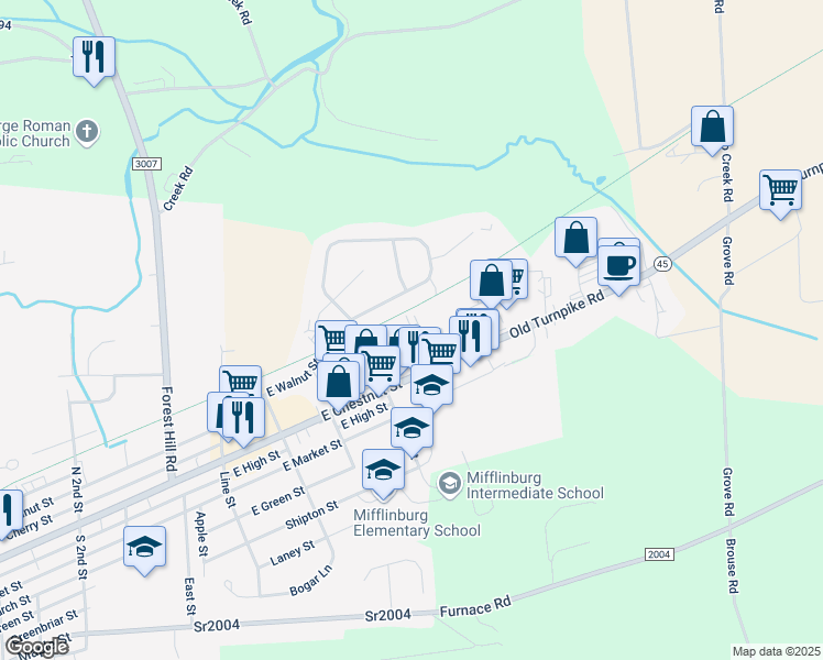 map of restaurants, bars, coffee shops, grocery stores, and more near Buffalo Valley Rail Trail in Mifflinburg
