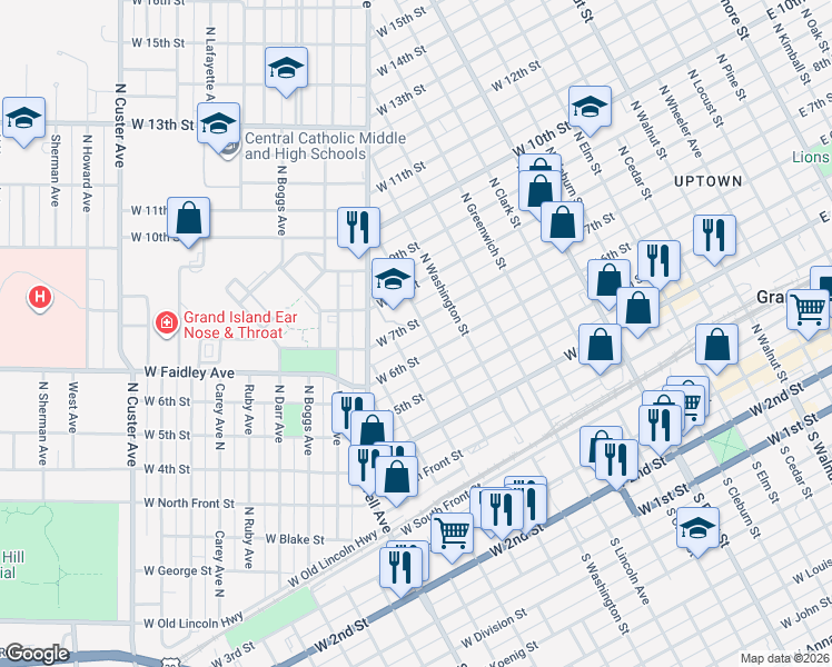 map of restaurants, bars, coffee shops, grocery stores, and more near 1200-1298 W 7th St in Grand Island