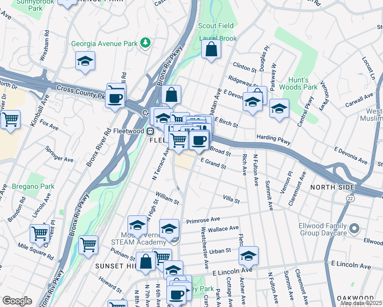 map of restaurants, bars, coffee shops, grocery stores, and more near 580 Gramatan Avenue in Mount Vernon