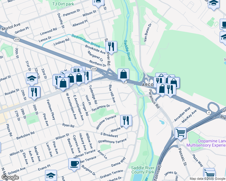 map of restaurants, bars, coffee shops, grocery stores, and more near 40-18 Broadway in Fair Lawn