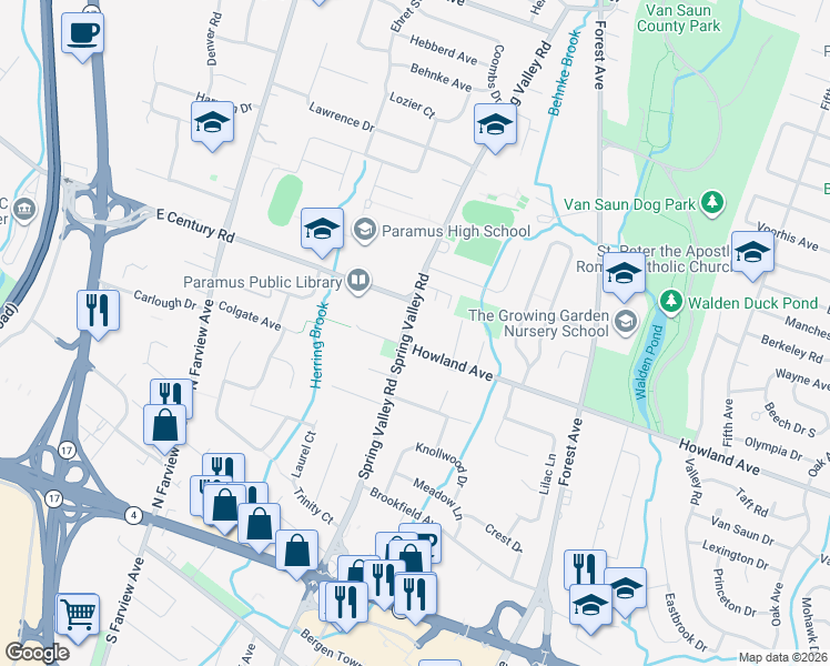 map of restaurants, bars, coffee shops, grocery stores, and more near 110 Spring Valley Road in Paramus
