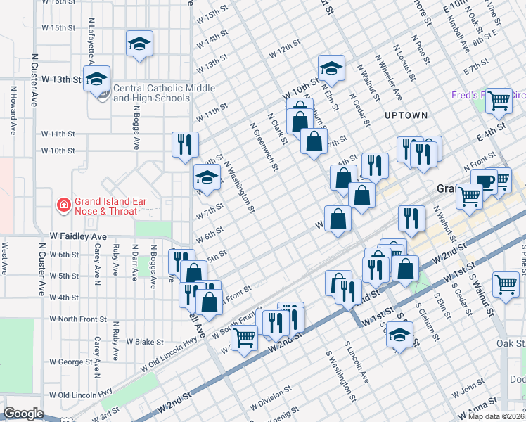 map of restaurants, bars, coffee shops, grocery stores, and more near 1117 West 7th Street in Grand Island