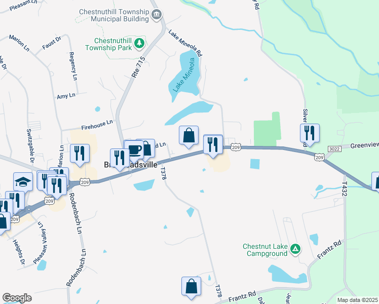 map of restaurants, bars, coffee shops, grocery stores, and more near 1835 U.S. 209 in Brodheadsville