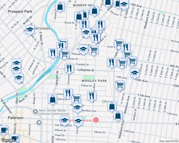 map of restaurants, bars, coffee shops, grocery stores, and more near 124 Franklin Street in Paterson