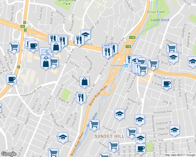map of restaurants, bars, coffee shops, grocery stores, and more near 766 Bronx River Road in Bronxville