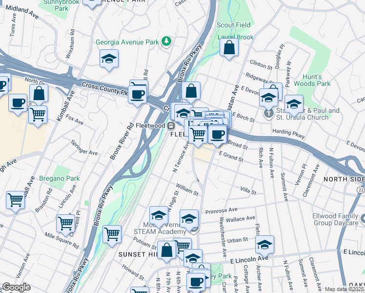 map of restaurants, bars, coffee shops, grocery stores, and more near 670 North Terrace Avenue in Mount Vernon
