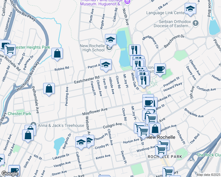 map of restaurants, bars, coffee shops, grocery stores, and more near 22 Fern Street in New Rochelle