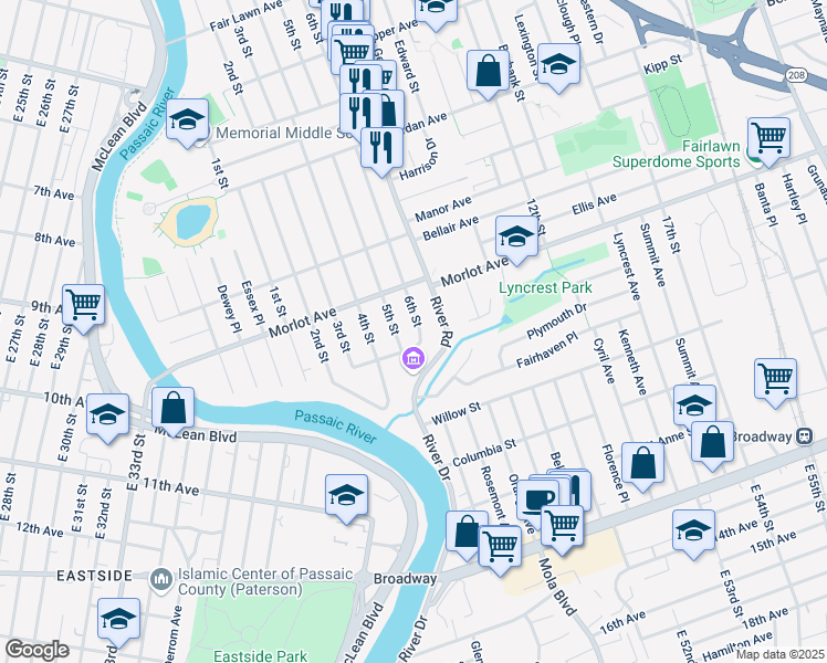 map of restaurants, bars, coffee shops, grocery stores, and more near 5-23 6th Street in Fair Lawn