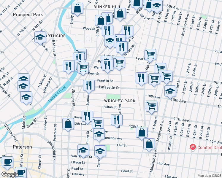 map of restaurants, bars, coffee shops, grocery stores, and more near 128 Lafayette Street in Paterson