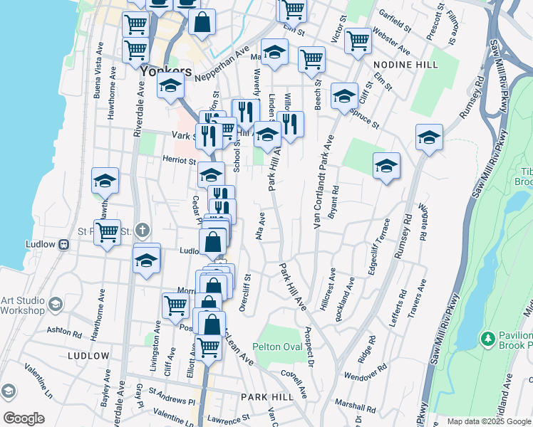map of restaurants, bars, coffee shops, grocery stores, and more near 46 Alta Avenue in Yonkers