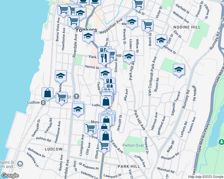 map of restaurants, bars, coffee shops, grocery stores, and more near 20 Cedar Place in Yonkers
