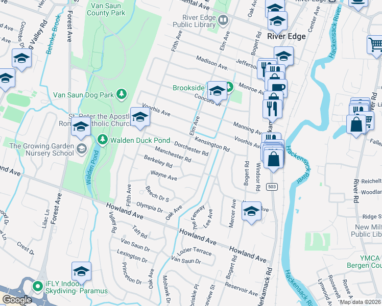 map of restaurants, bars, coffee shops, grocery stores, and more near 445 Elm Avenue in River Edge