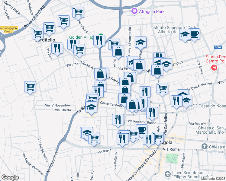 map of restaurants, bars, coffee shops, grocery stores, and more near 14 Via della Libertà in Afragola