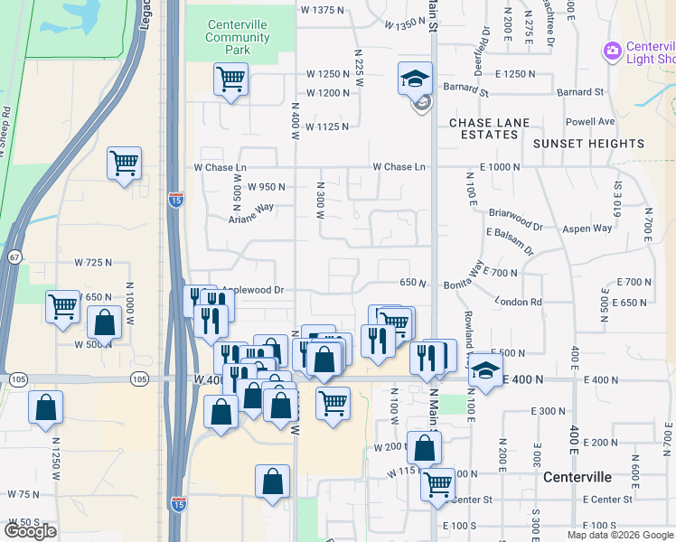map of restaurants, bars, coffee shops, grocery stores, and more near 292 West 680 North in Centerville
