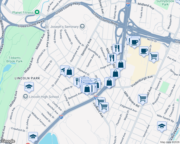map of restaurants, bars, coffee shops, grocery stores, and more near 23 Gleeson Place in Yonkers