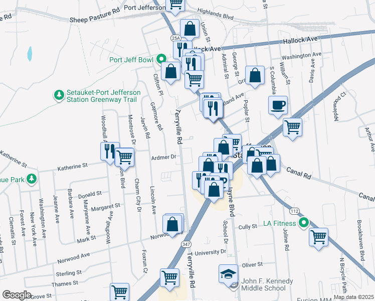 map of restaurants, bars, coffee shops, grocery stores, and more near 120 Terryville Road in Port Jefferson Station