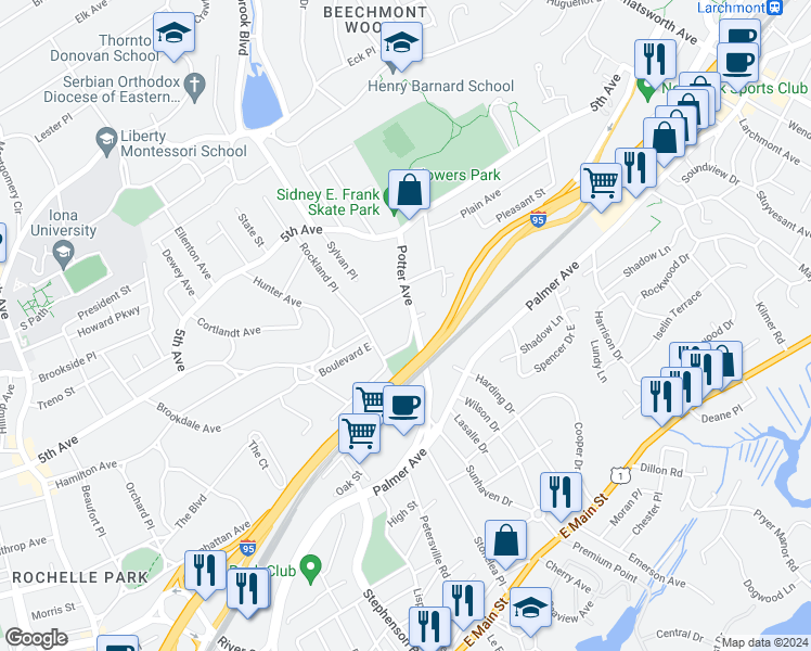 map of restaurants, bars, coffee shops, grocery stores, and more near 57 Potter Avenue in New Rochelle