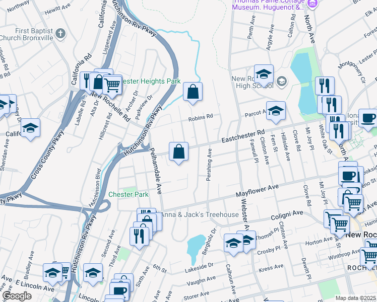 map of restaurants, bars, coffee shops, grocery stores, and more near 267 Eastchester Road in New Rochelle