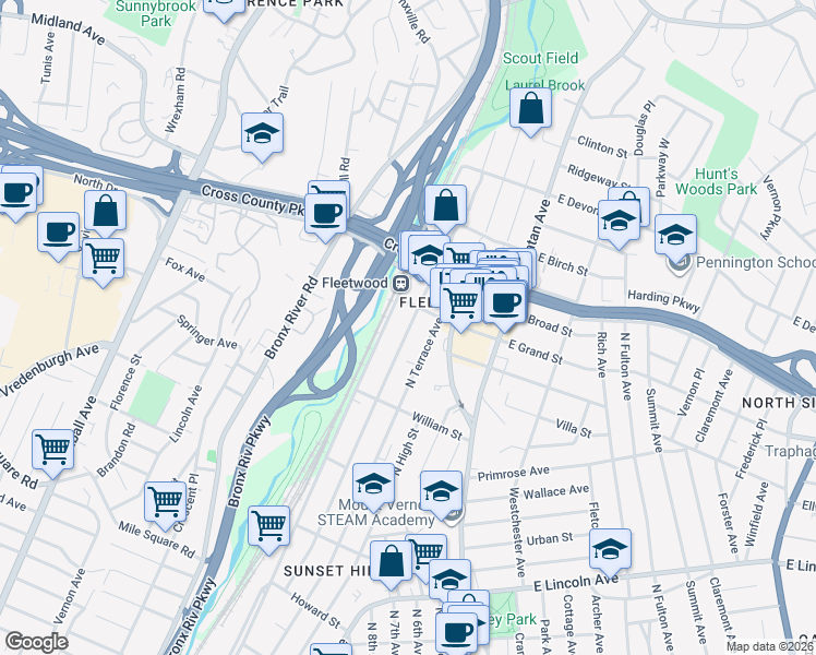 map of restaurants, bars, coffee shops, grocery stores, and more near 685 Locust Street in Mount Vernon