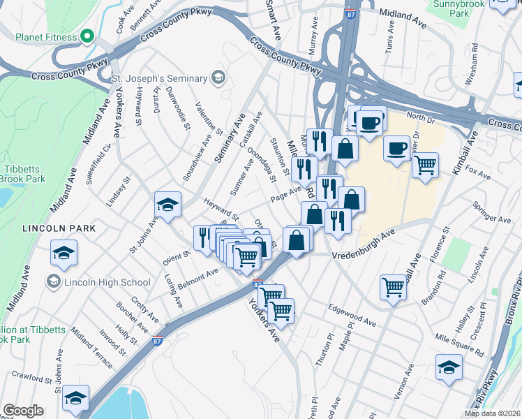 map of restaurants, bars, coffee shops, grocery stores, and more near 103 Page Avenue in Yonkers