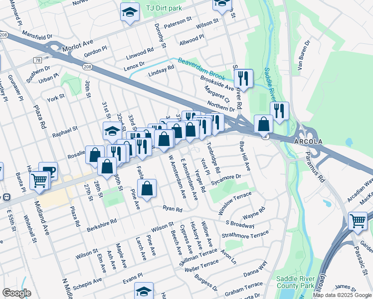 map of restaurants, bars, coffee shops, grocery stores, and more near 371 Broadway in Fair Lawn