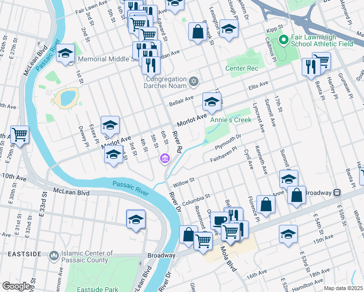 map of restaurants, bars, coffee shops, grocery stores, and more near 8-04 Susan Place in Fair Lawn