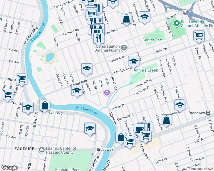 map of restaurants, bars, coffee shops, grocery stores, and more near 5-23 6th Street in Fair Lawn