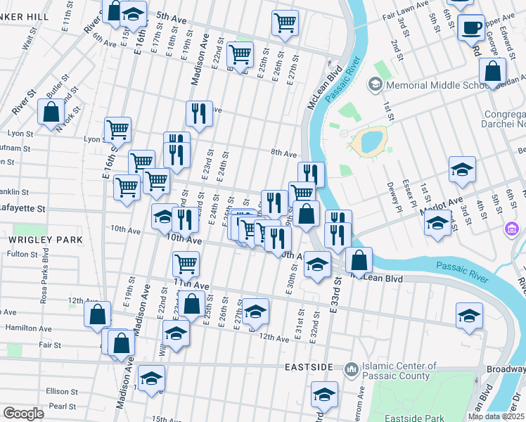map of restaurants, bars, coffee shops, grocery stores, and more near 318 East 28th Street in Paterson