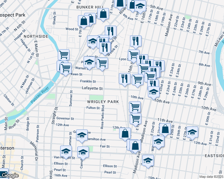 map of restaurants, bars, coffee shops, grocery stores, and more near 191 Lafayette Street in Paterson