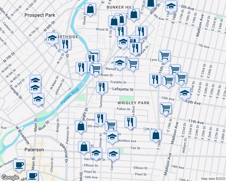 map of restaurants, bars, coffee shops, grocery stores, and more near 88 Franklin Street in Paterson