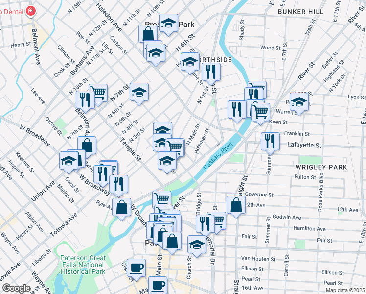 map of restaurants, bars, coffee shops, grocery stores, and more near 97 North Main Street in Paterson