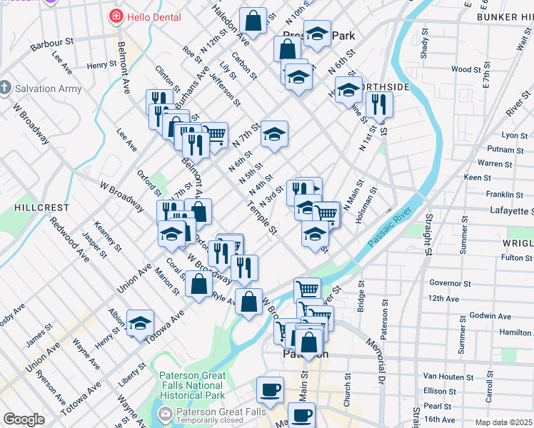 map of restaurants, bars, coffee shops, grocery stores, and more near 68-74 North 3rd Street in Paterson