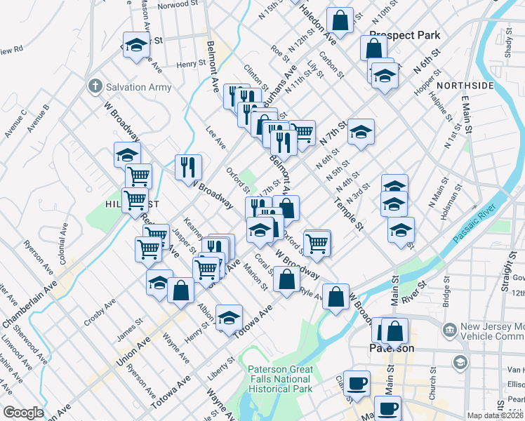 map of restaurants, bars, coffee shops, grocery stores, and more near 10 North 7th Street in Paterson