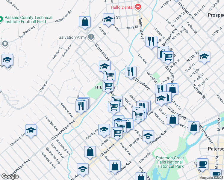 map of restaurants, bars, coffee shops, grocery stores, and more near in Paterson