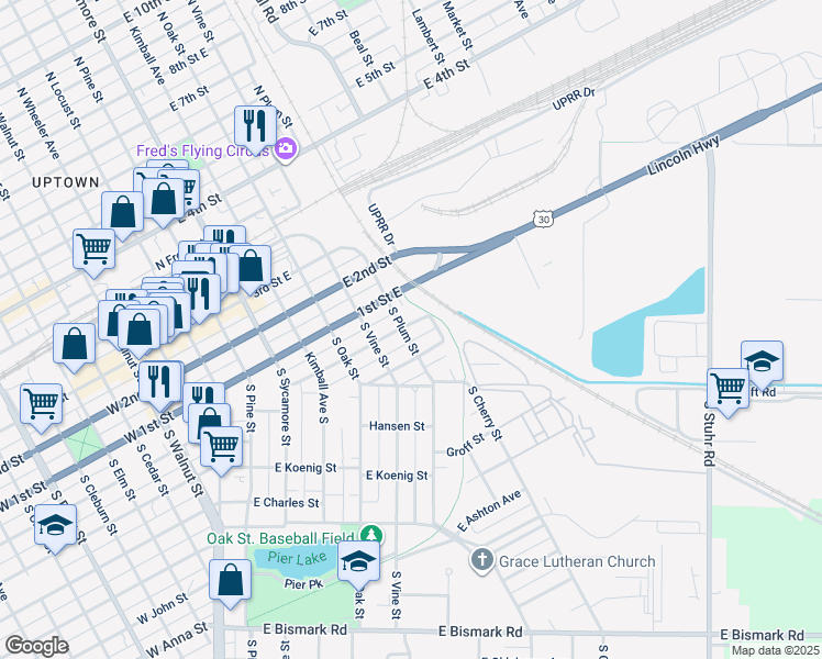 map of restaurants, bars, coffee shops, grocery stores, and more near 614 East Division Street in Grand Island
