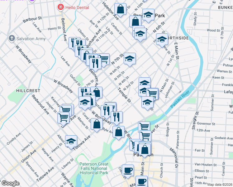 map of restaurants, bars, coffee shops, grocery stores, and more near 50 North 4th Street in Paterson