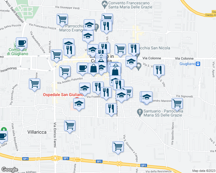 map of restaurants, bars, coffee shops, grocery stores, and more near 39 Via Vittorio Veneto in Giugliano In Campania