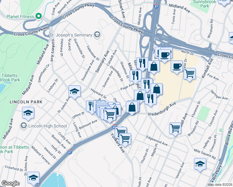 map of restaurants, bars, coffee shops, grocery stores, and more near 103 Page Avenue in Yonkers