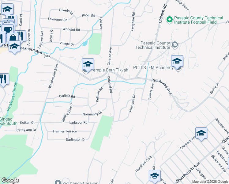 map of restaurants, bars, coffee shops, grocery stores, and more near 73 Colonial Road in Wayne