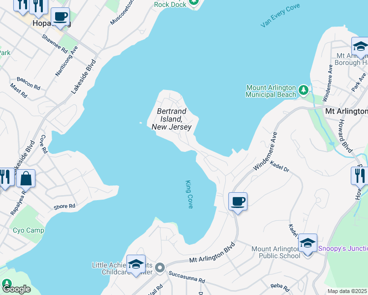 map of restaurants, bars, coffee shops, grocery stores, and more near 49 Catamaran Court in Mount Arlington