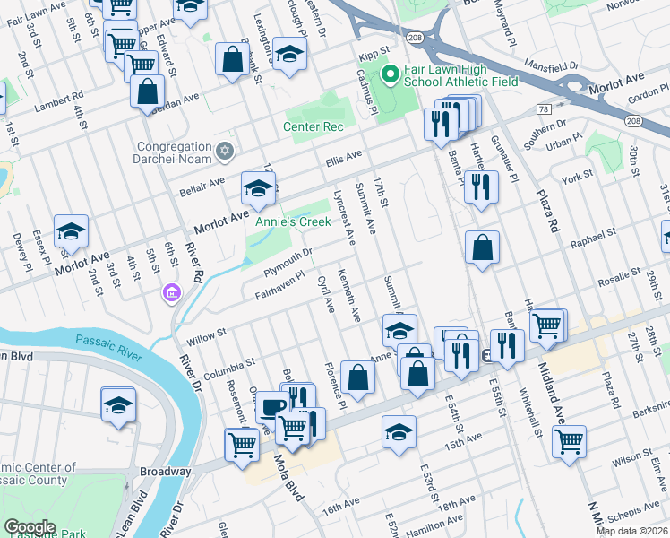 map of restaurants, bars, coffee shops, grocery stores, and more near 14-01 Fairhaven Place in Fair Lawn
