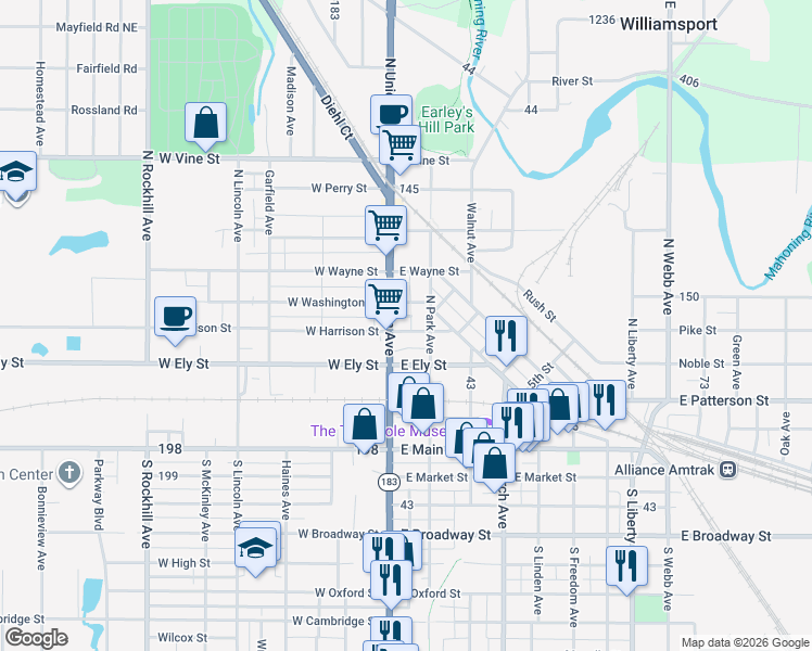 map of restaurants, bars, coffee shops, grocery stores, and more near 31 East Washington Street in Alliance